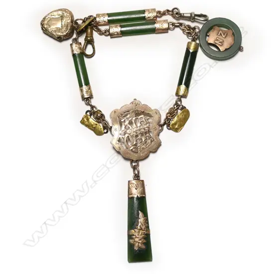 A 19thC gold and pounamu fancy fob necklace,
